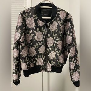 NWT Dynamite light bomber jacket size L. Black with lilac flowers.